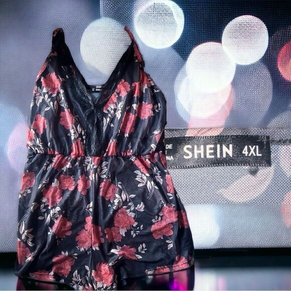 Retired SHEIN Romper Teddy l Black l Plunging Neckline l Lace l Sheer l 4X - Picture 4 of 11